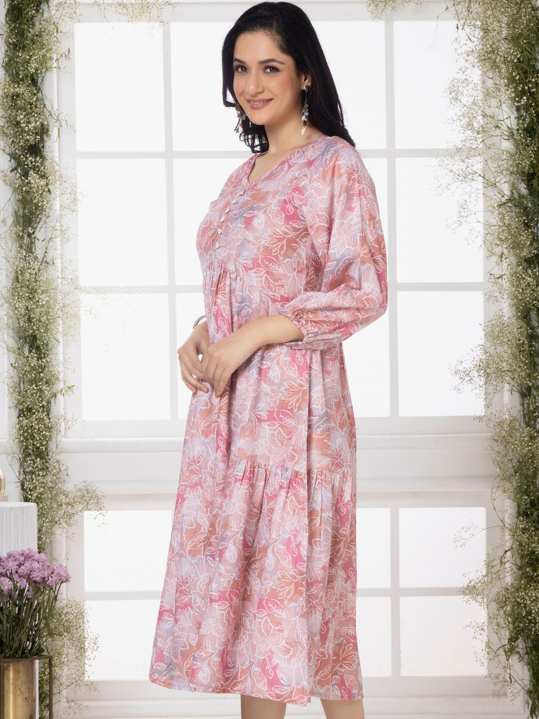 Pastel Pink Modernist Floral Midi Dress