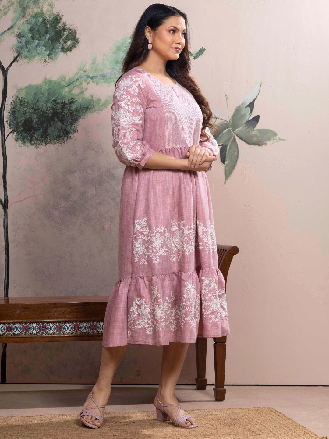 Dawn Pink Chambray Floral Embroidered Tiered Dress