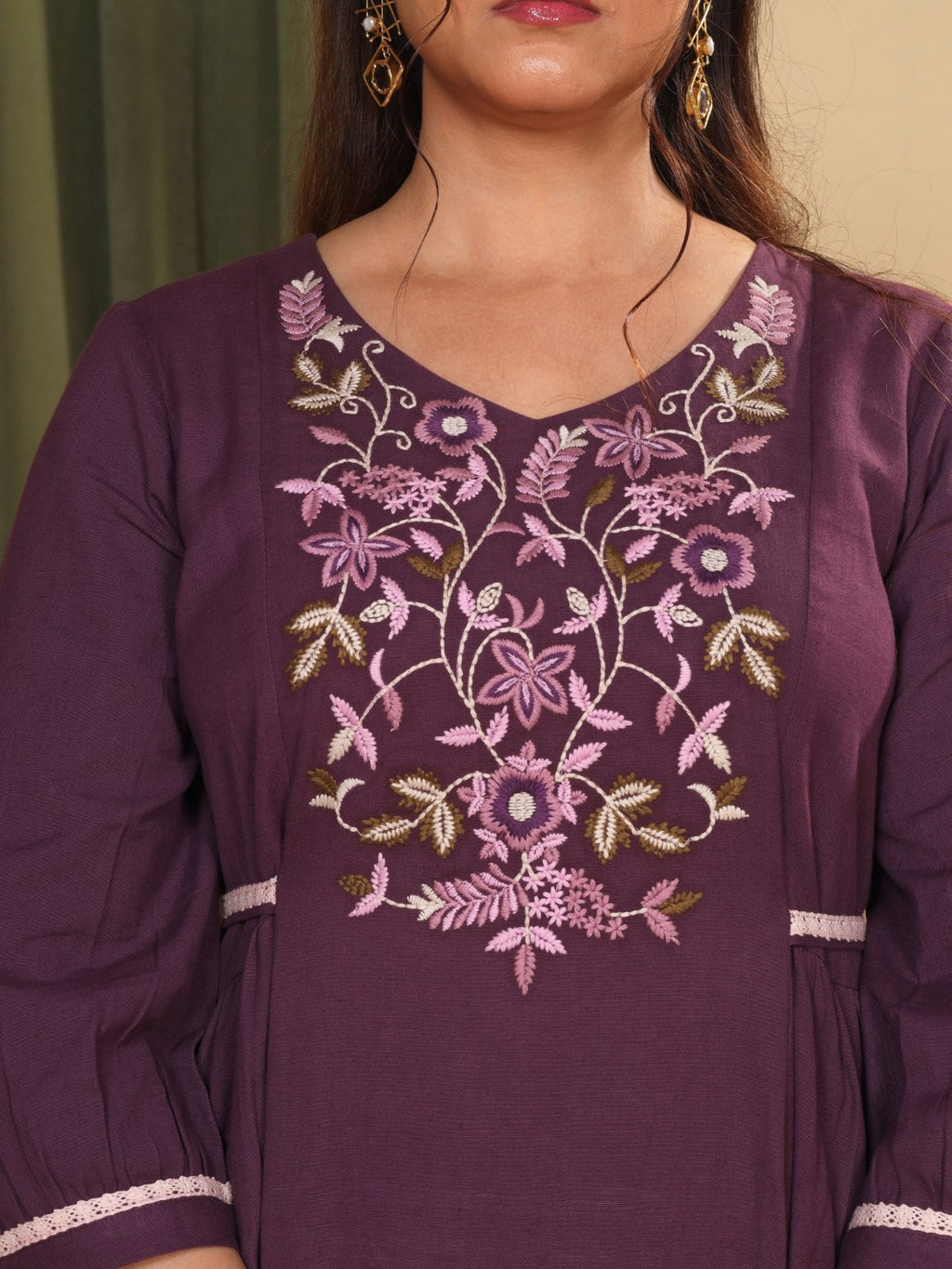 Aubergine Purple Embroidered Cotton-Linen Dress