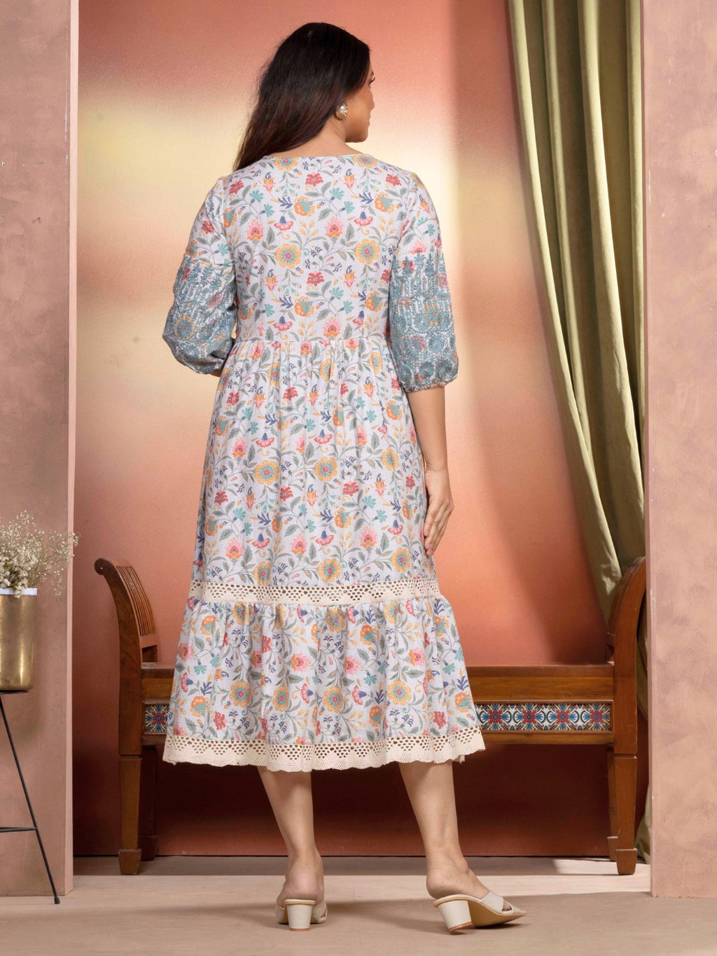 Candlelit Beige Vintage Meadow Boho Tiered Dress