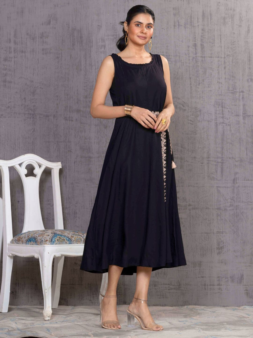Imperial Black Parsi Gara Belted A-Line Dress