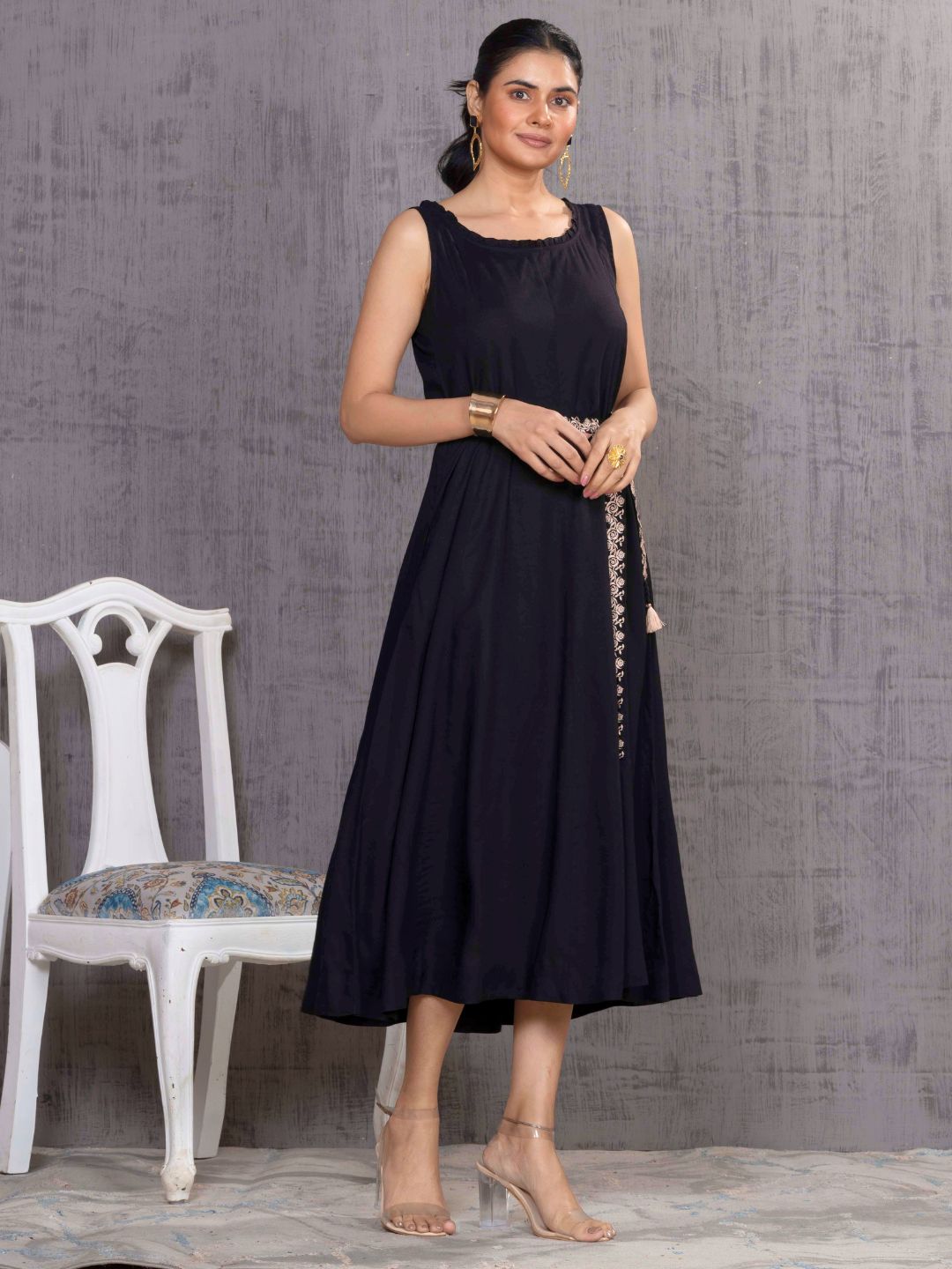 Imperial Black Parsi Gara Belted A-Line Dress