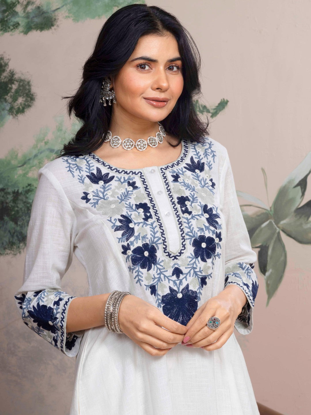 Soft White Kashida Embroidered A-Line Cotton Kurta Set with Salwar