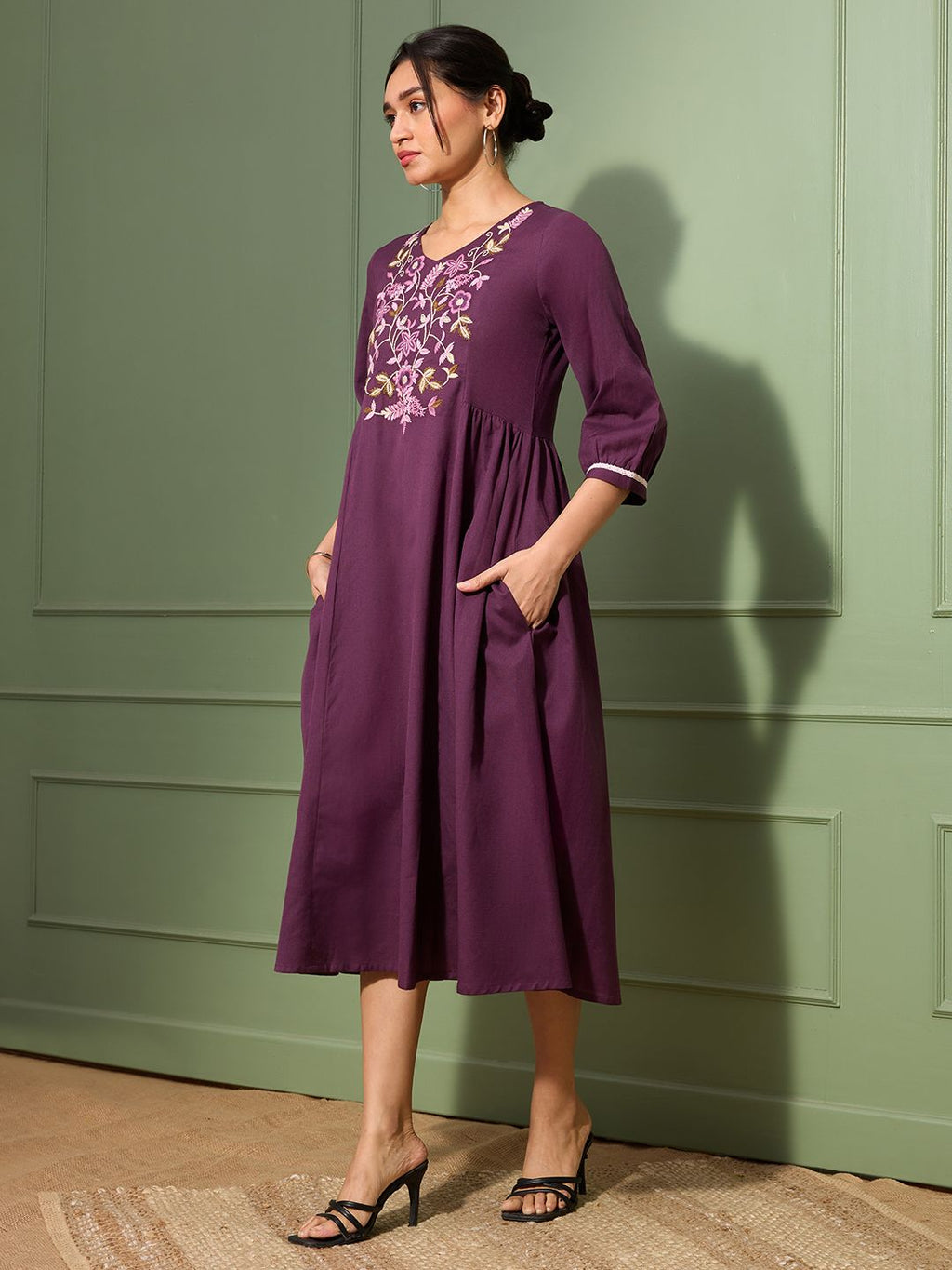 Aubergine Purple Embroidered Cotton-Linen Dress