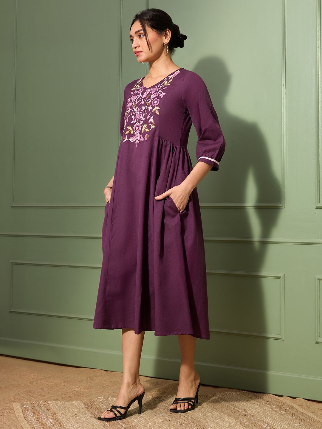 Aubergine Purple Embroidered Cotton-Linen Dress