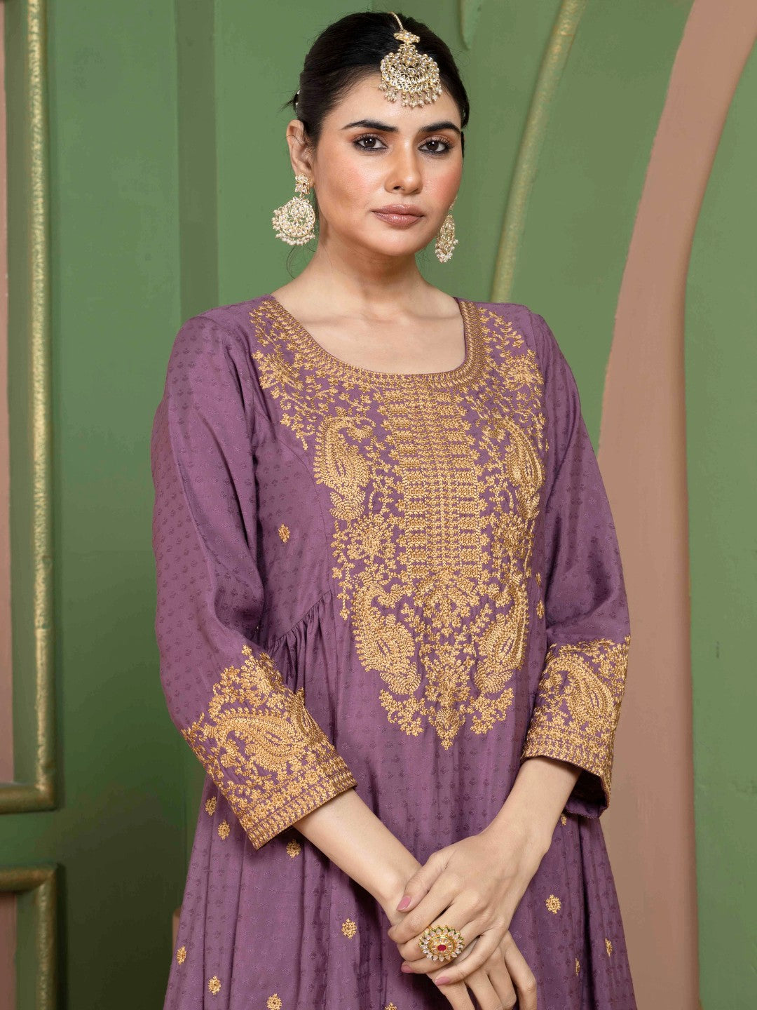 Dusty Plum Kashida Embroidered Fit and Flare Kurta with Salwar and Dupatta