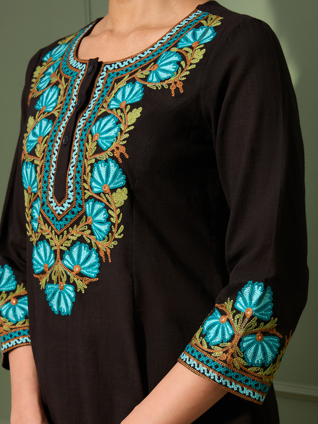 Noir Black Kashida Embroidered A-Line Cotton Kurta Set with Afghani Salwar