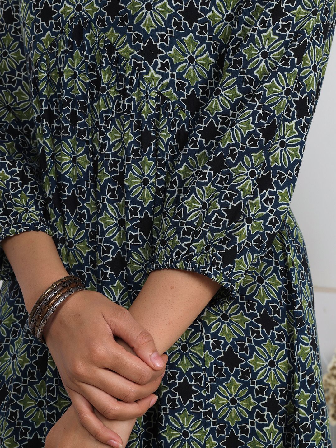 Blue Green Printed A-Line Dress with Embroidery and Pockets