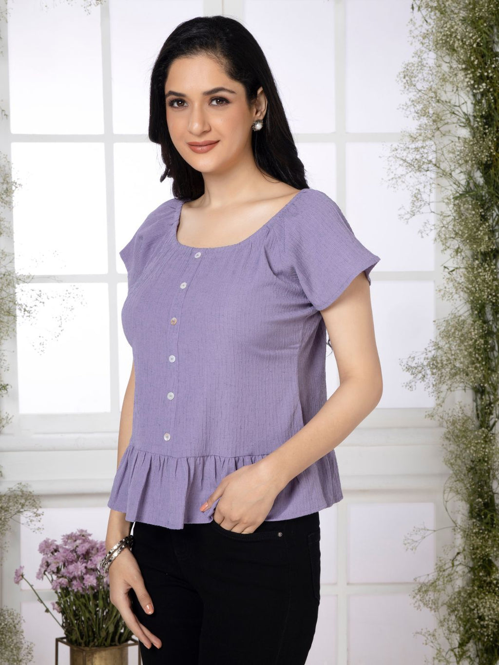 Greek Lavender Crinkled Peplum Top