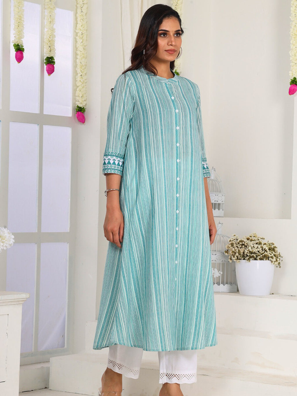 Aqua Teal Striped Cotton Kurta for Women