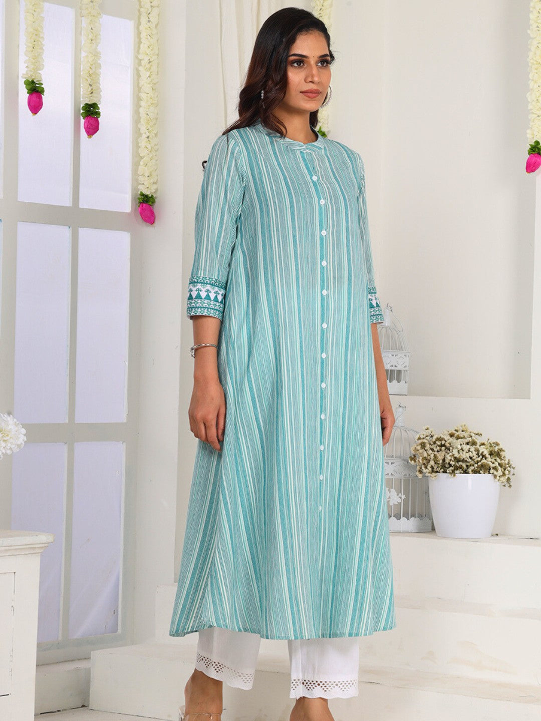 Aqua Teal Striped Cotton Kurta for Women