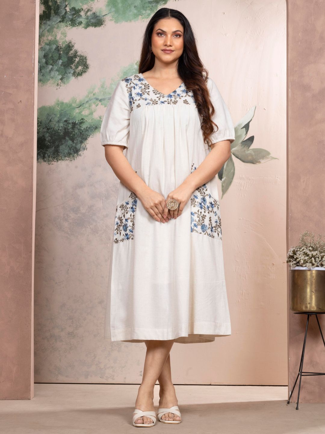 Natural Cotton Linen Dress A-Line with Parsi Gara Inspired Embroidery