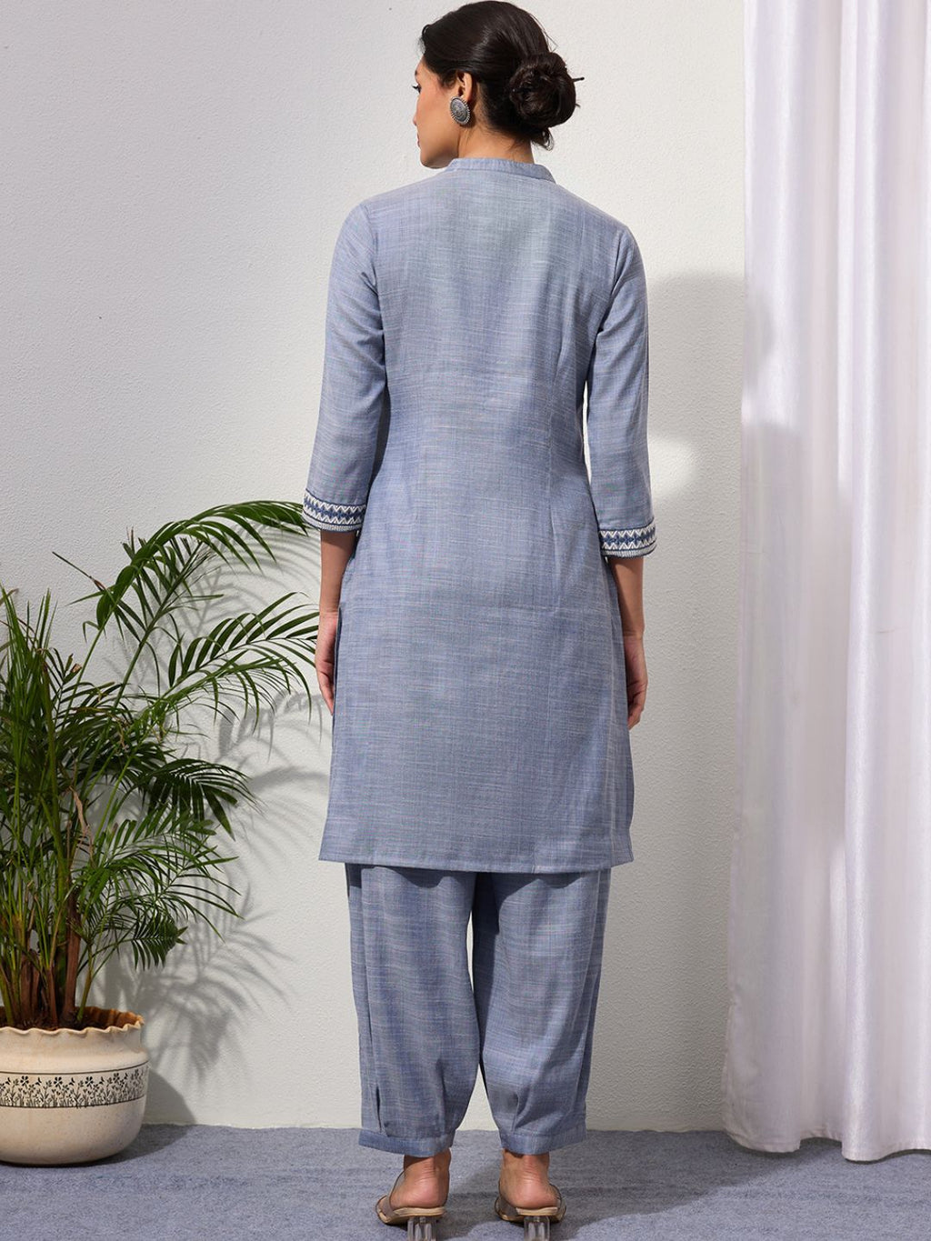 Blue Chambray Kurta Set with Pleated Pants for Women | Saffron Threads