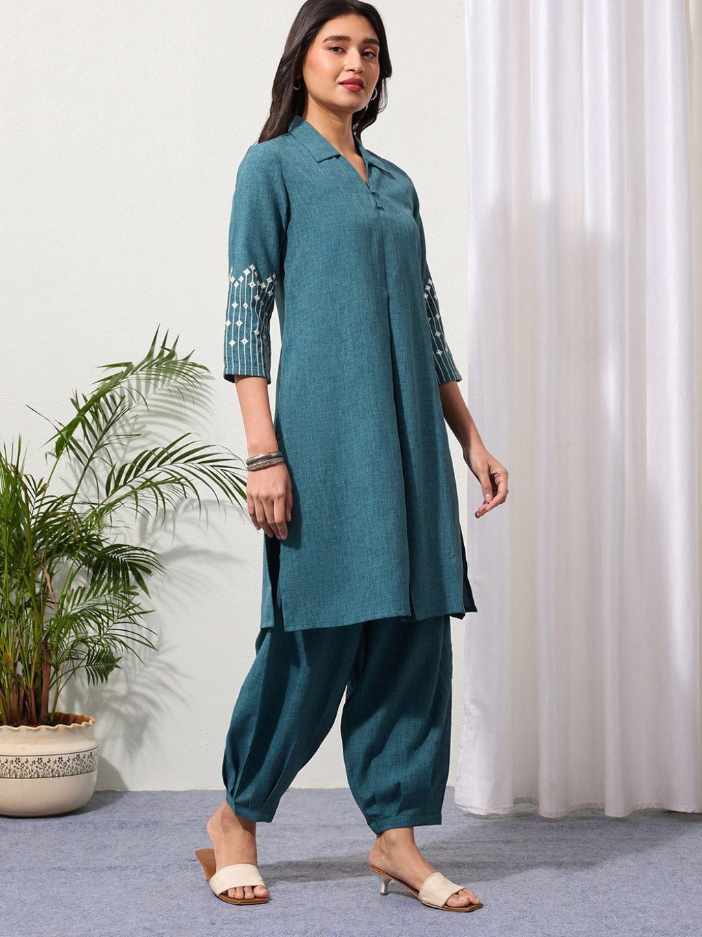 Teal Embroidered Kurta Set with Pleated Pants for Women | Saffron Threads