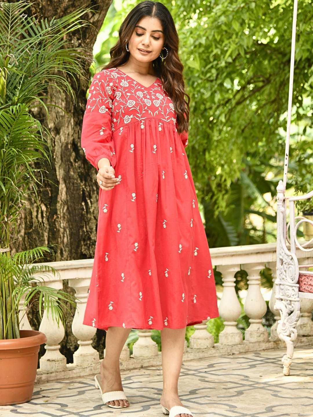 Red Boho Embroidered Midi Dress