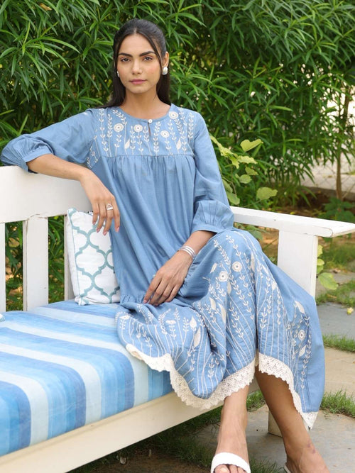 embroidered cotton dress Ebba White neckline with tassel tie accents Blue Cotton Embroidered Midi Dress