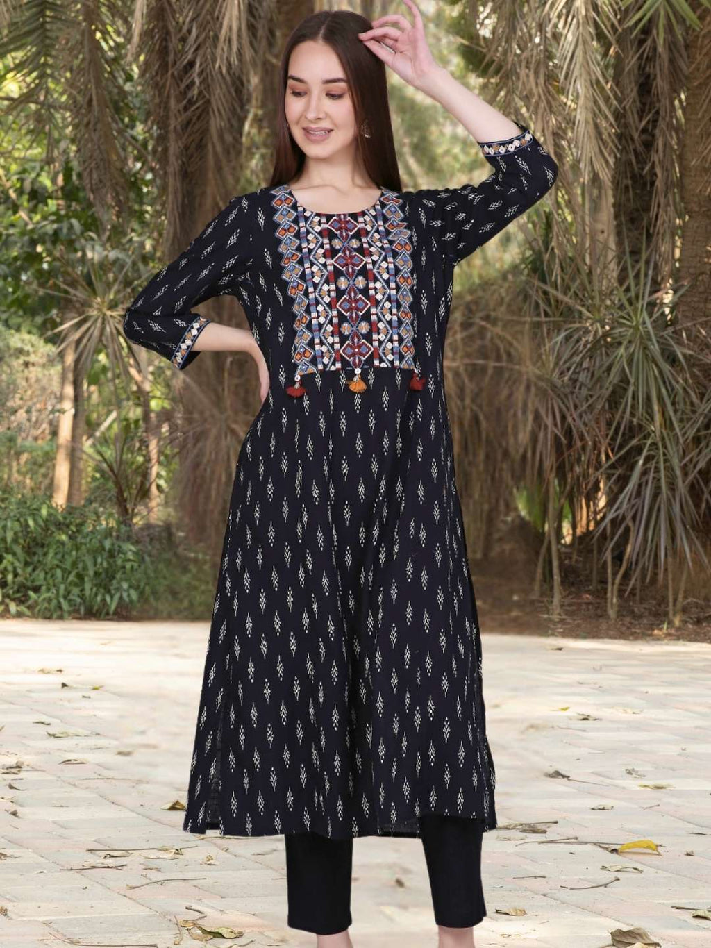 Black Ikat Print Cotton Kurta with Neck Embroidery