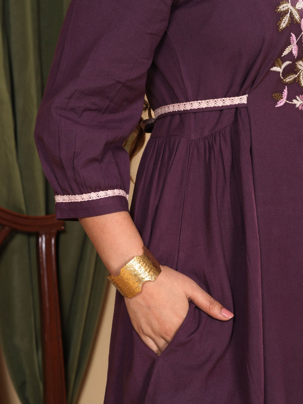 Aubergine Purple Embroidered Cotton-Linen Dress