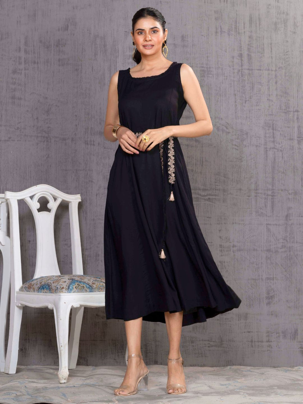 Imperial Black Parsi Gara Belted A-Line Dress