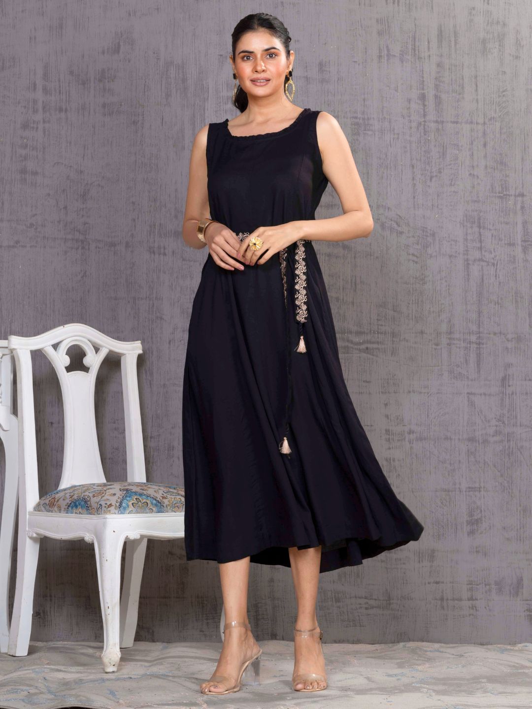 Imperial Black Parsi Gara Belted A-Line Dress