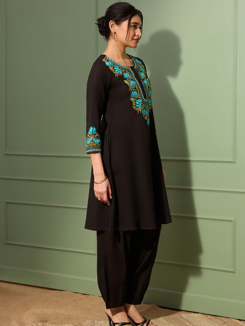 Noir Black Kashida Embroidered A-Line Cotton Kurta Set with Afghani Salwar