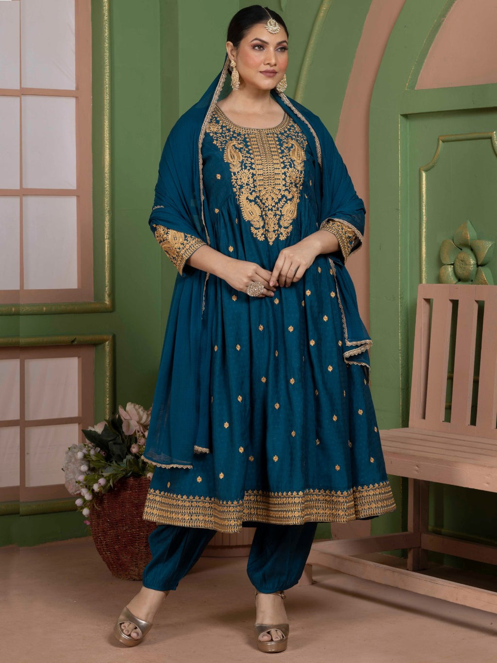Midnight Teal Kashida Embroidered Fit and Flare Kurta with Salwar and Dupatta