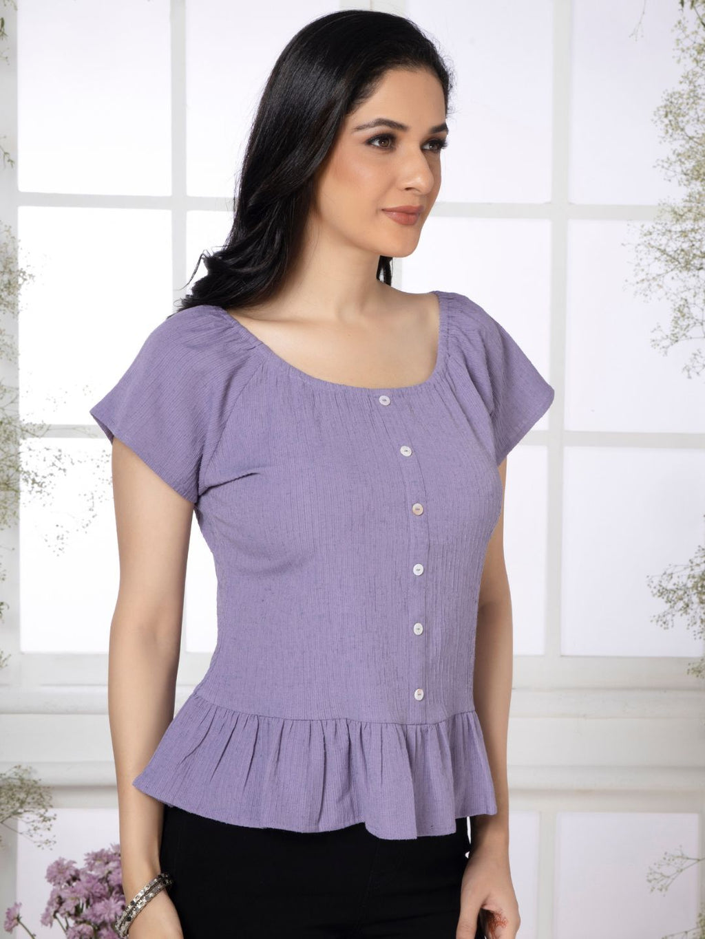 Greek Lavender Crinkled Peplum Top