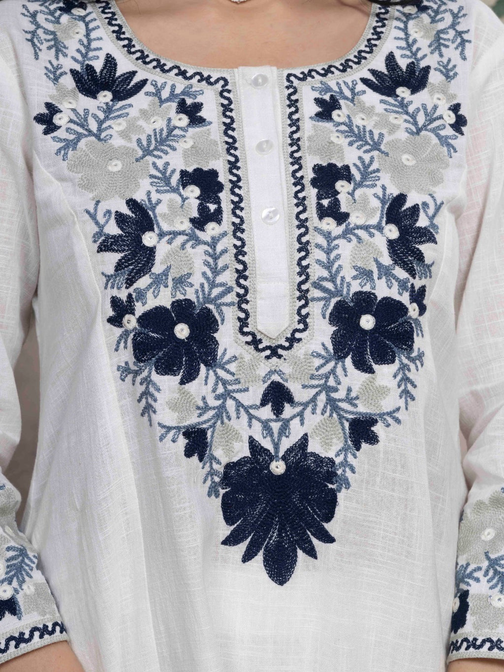 Soft White Kashida Embroidered A-Line Cotton Kurta Set with Salwar