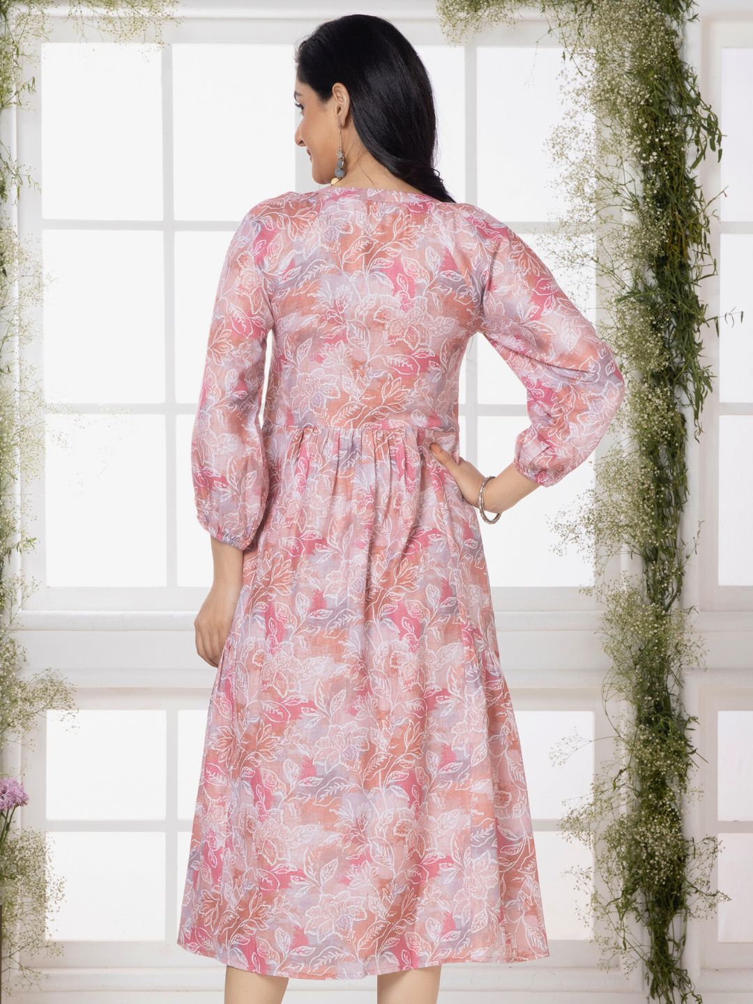 Pastel Pink Modernist Floral Midi Dress