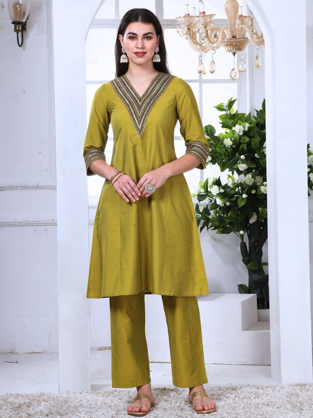 Green Art Silk Embroidered Lace Kurta and Palazzo Set