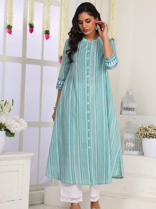 Aqua Teal Striped Cotton Kurta for Women