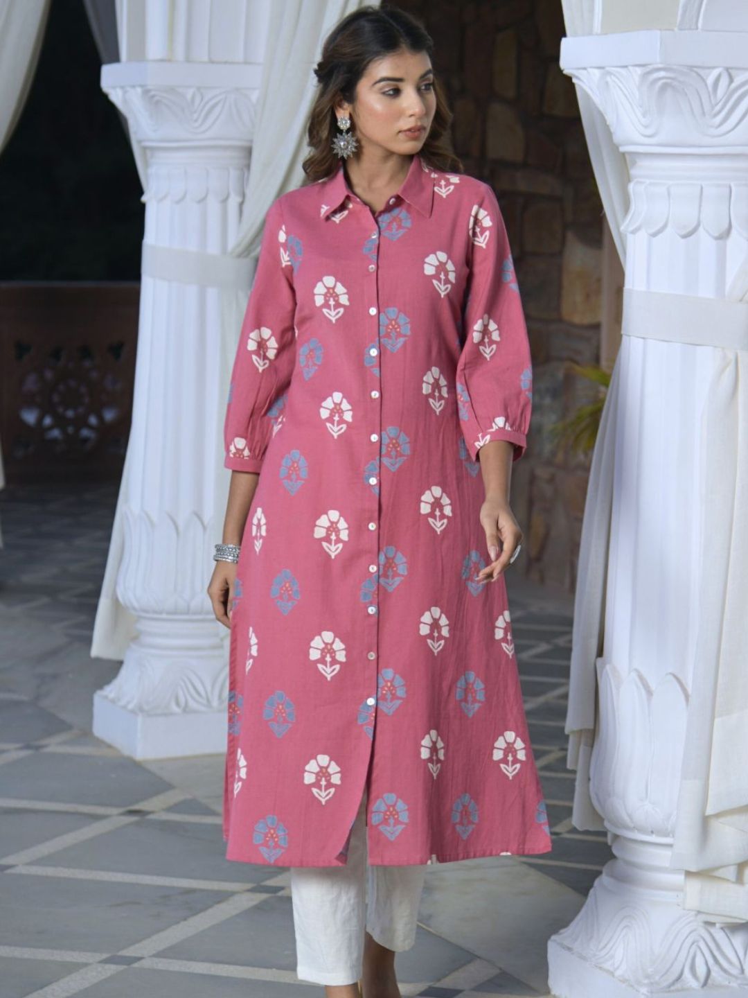 Pink Floral Print Shirt Kurta
