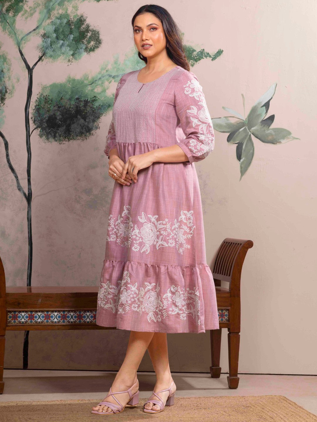 Dawn Pink Chambray Floral Embroidered Tiered Dress