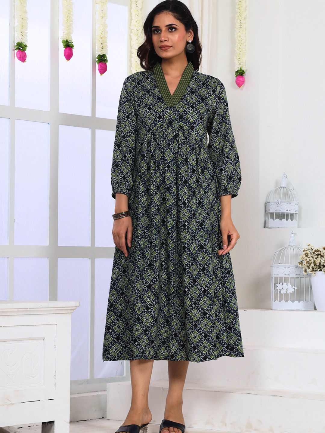 Blue Green Printed A-Line Dress with Embroidery and Pockets