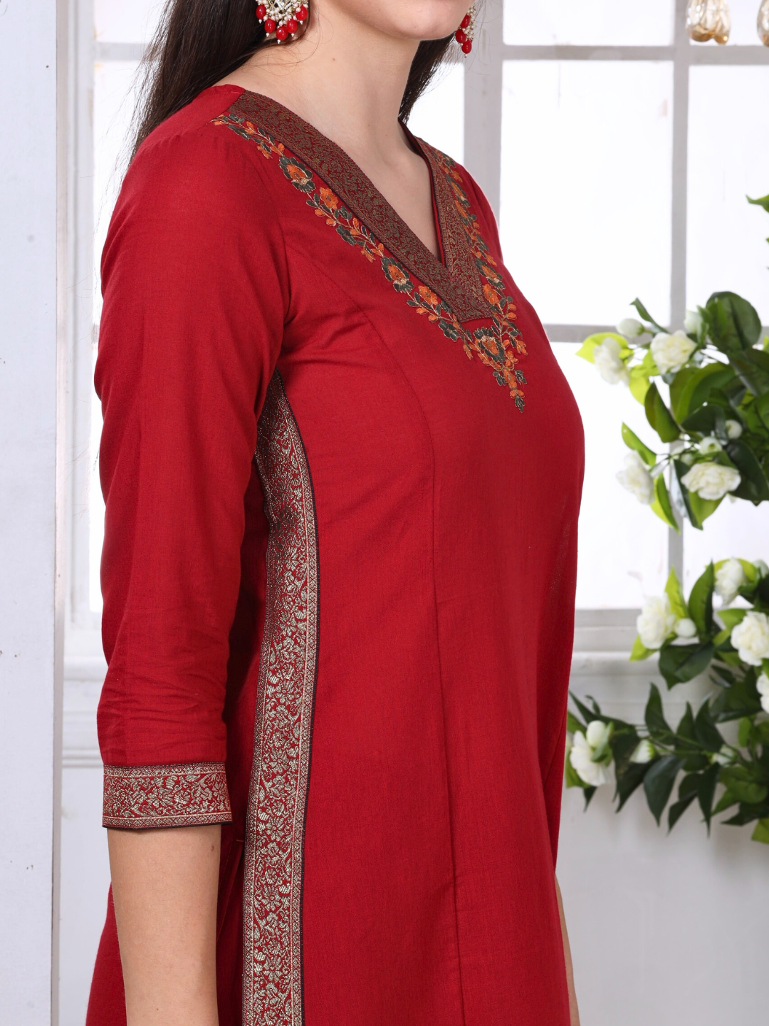 Red Cotton Embroidered Kurta Set with Brocade Lace