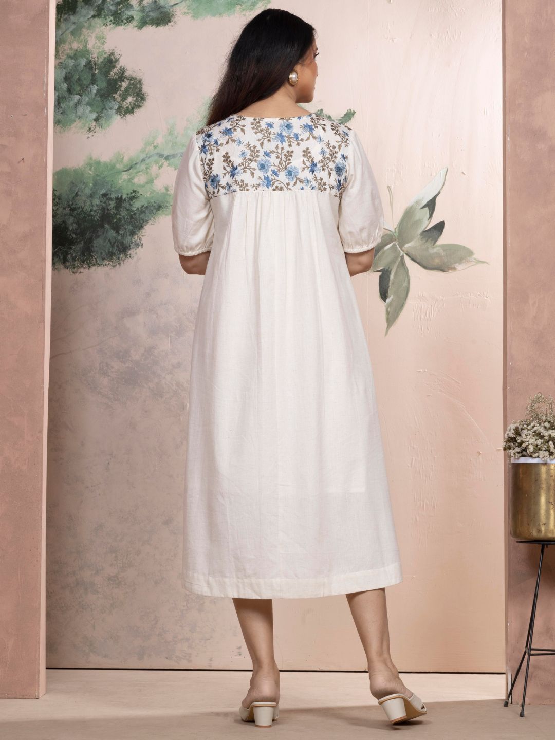 Natural Cotton Linen Dress A-Line with Parsi Gara Inspired Embroidery