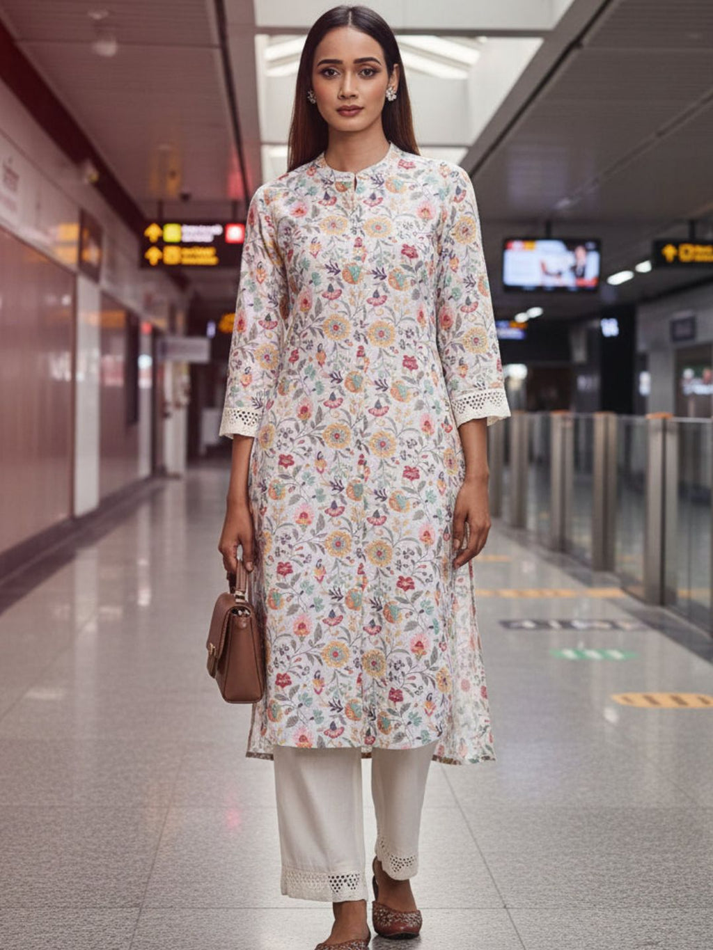 Natural Floral Print High-Low Hem Kurta with Lace