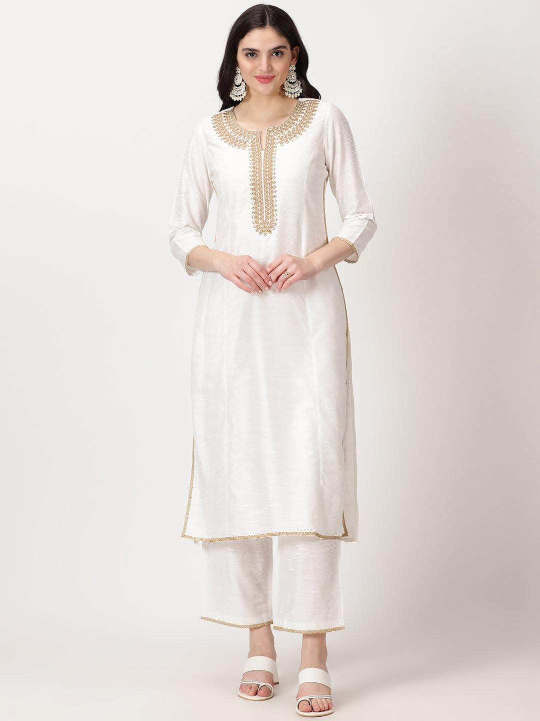 White Art Silk Kurta Set with Embroidery & Lace Details