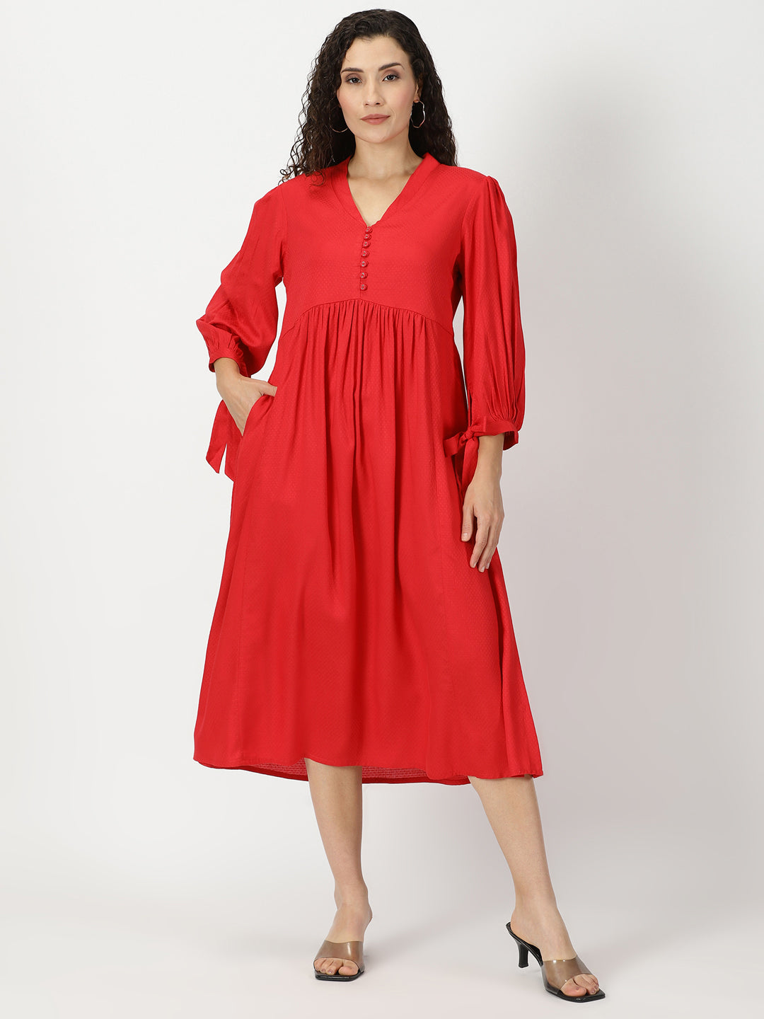 Red Boho Self Design Empire Midi Dress - Saffron Threads