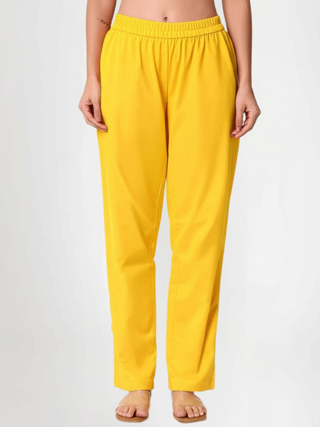 Yellow Cotton Straight Fit Slip-on Trouser
