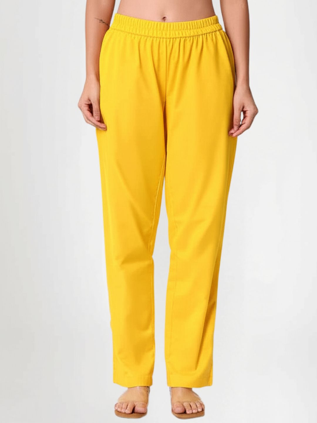 Yellow Cotton Straight Fit Slip-on Trouser