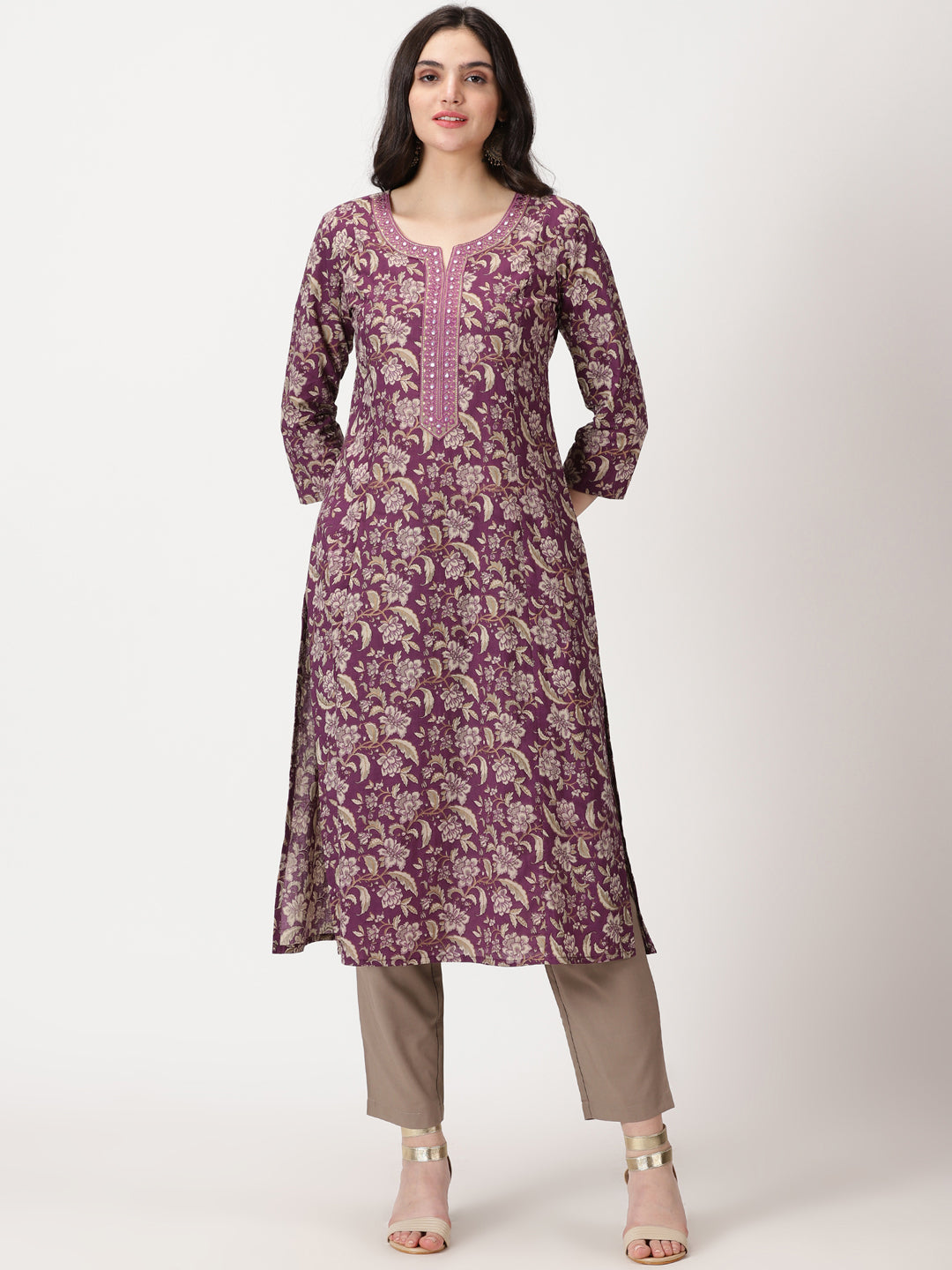 Purple Ethnic Floral Print Cotton Kurta with Mirror Neck Embroidery