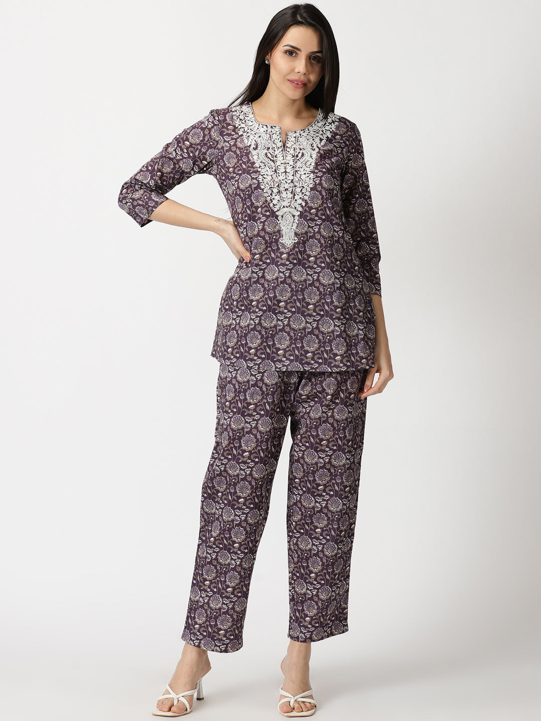Purple Floral Print Cotton Co-ord Set with Chikankari Embroidered Yoke
