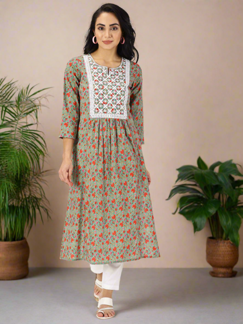 Green Floral Print Kurta with Chikankari Embroidery