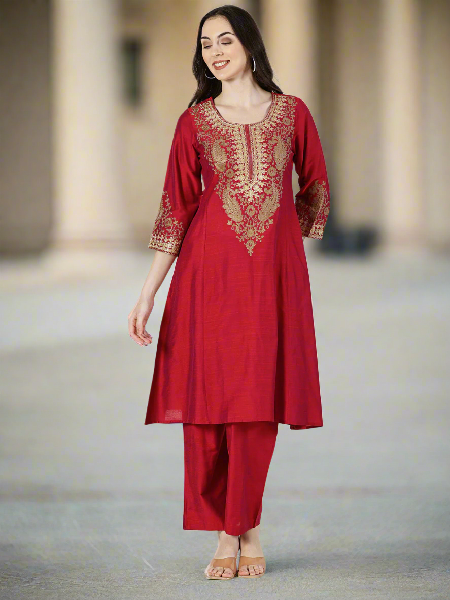 Magenta Art Silk Embroidered Kurta and Palazzo Set