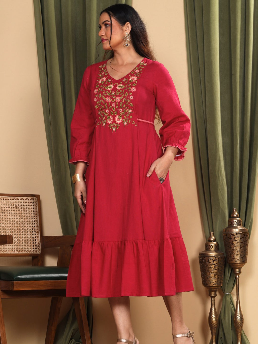 Orchid Magenta Embroidered Cotton Linen Dress