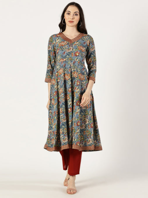 Blue Floral Print Anarkali Kurta with Brocade Lace Details