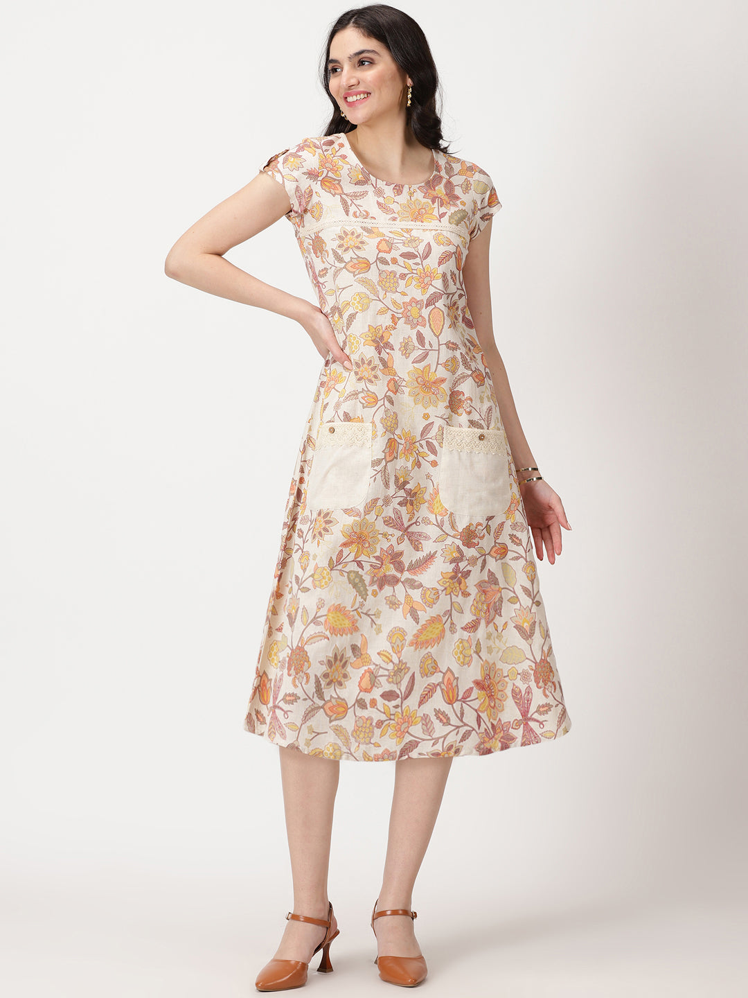 Off White-Yellow Ethnic Floral Print Midi Dress with Patch Pockets