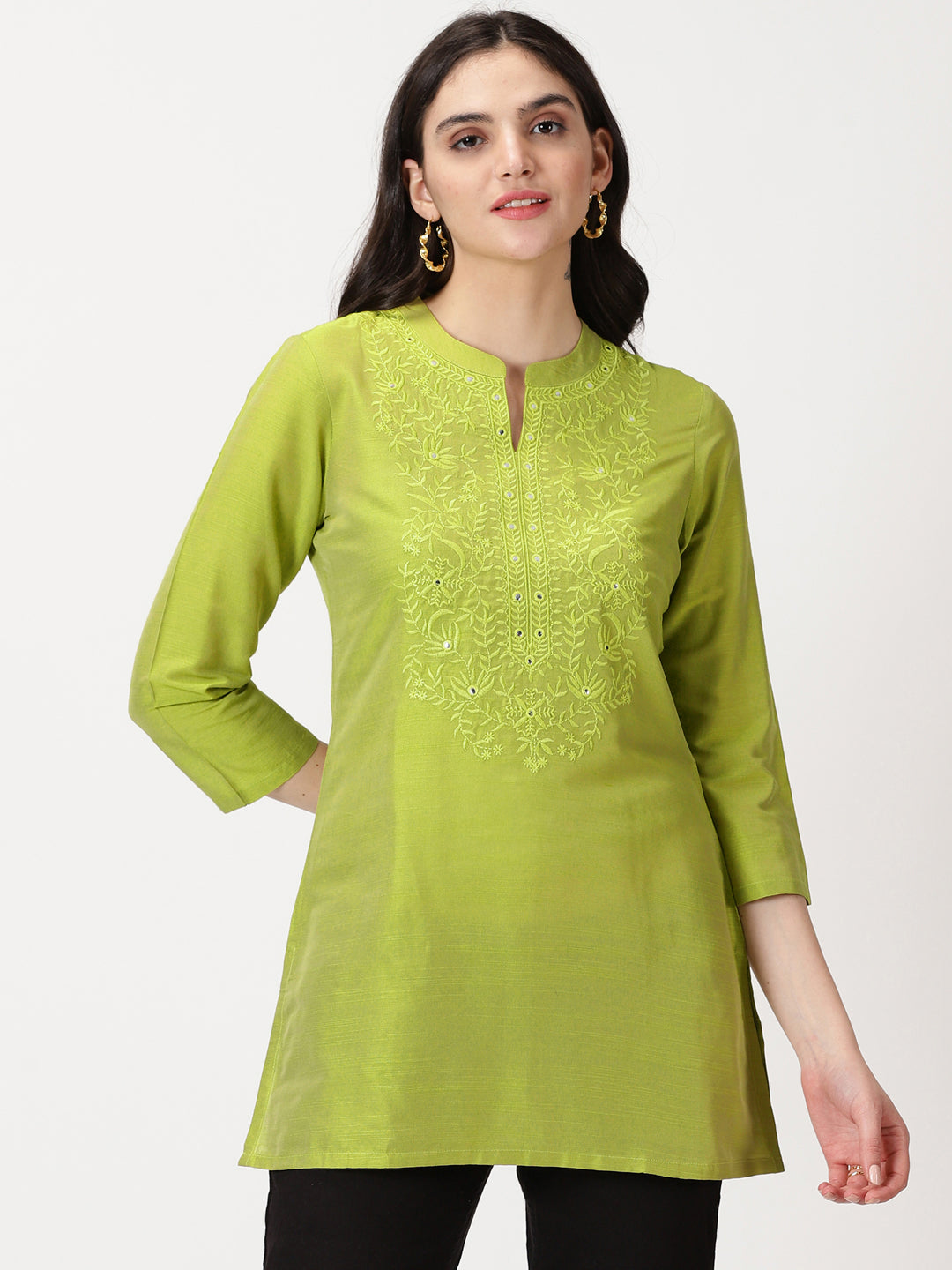 Green Art Raw Silk Tunic with Embroidered Neck