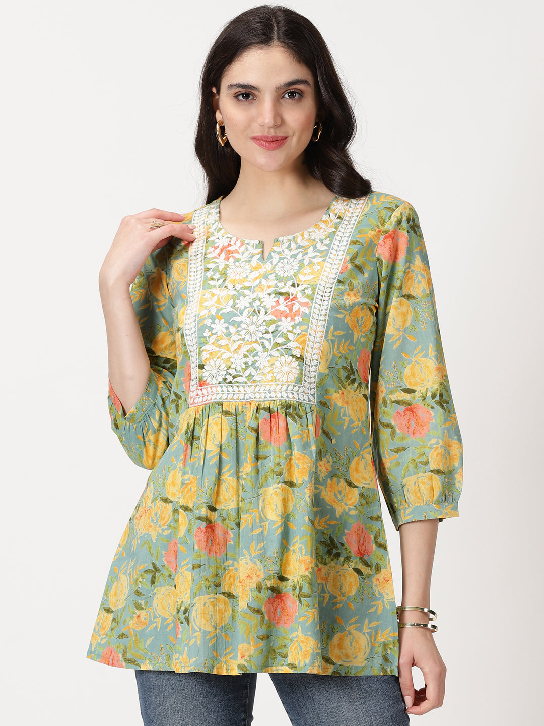 Green Floral Print Cotton Tunic with Lucknowi Chikankari Yoke